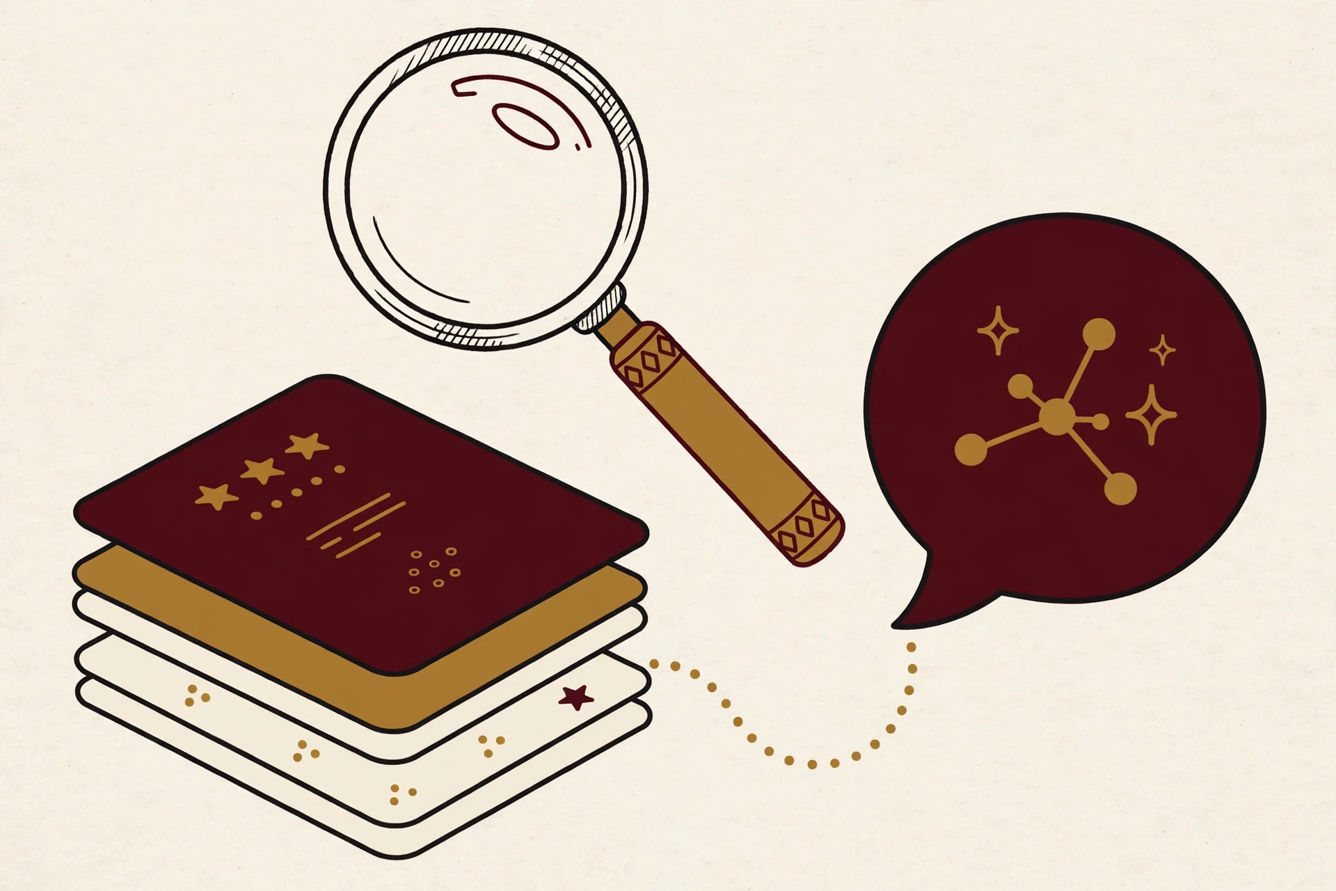 A magnifying glass over third-party source pages feeding into an AI answer bubble
