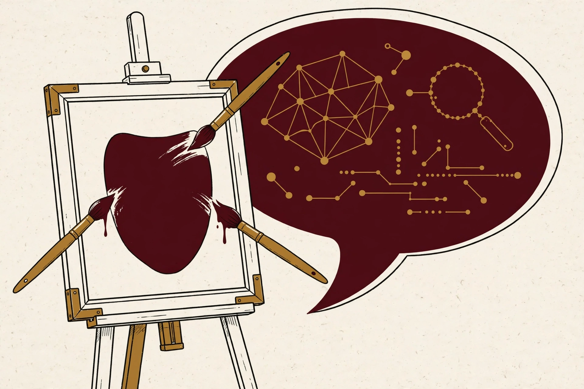 A portrait frame on an easel being painted by floating brushes while an AI chat bubble looms behind it