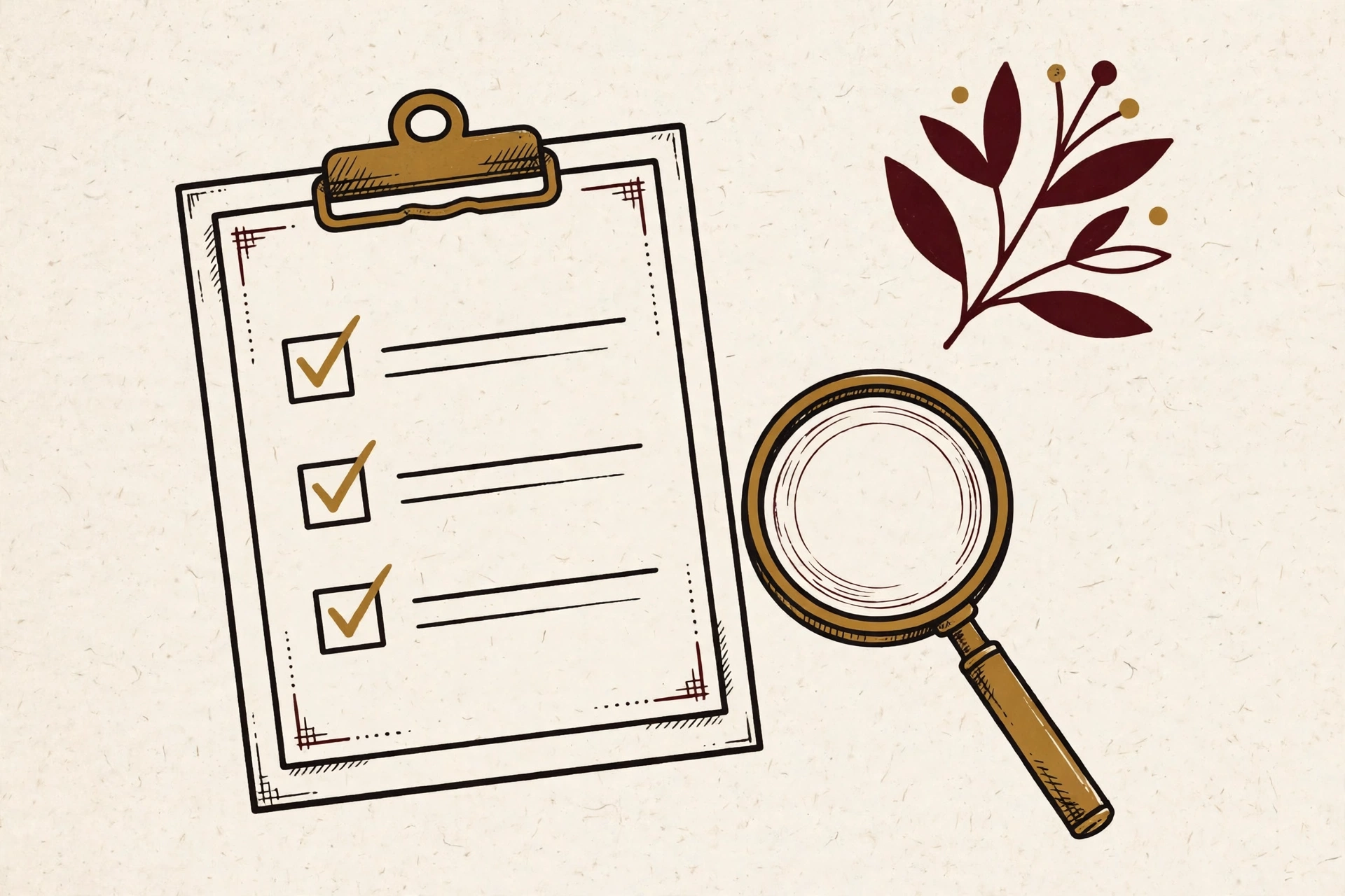 A clipboard checklist with a magnifying glass, for the monthly brand-search audit