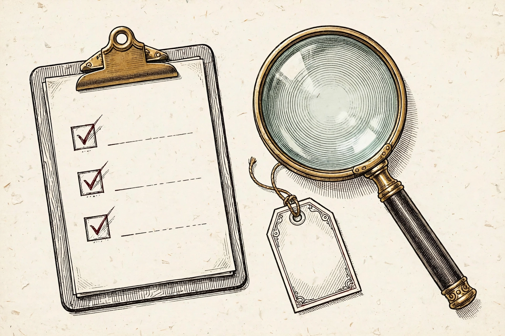 Checklist clipboard, magnifying glass, and price tag for a commercial search audit