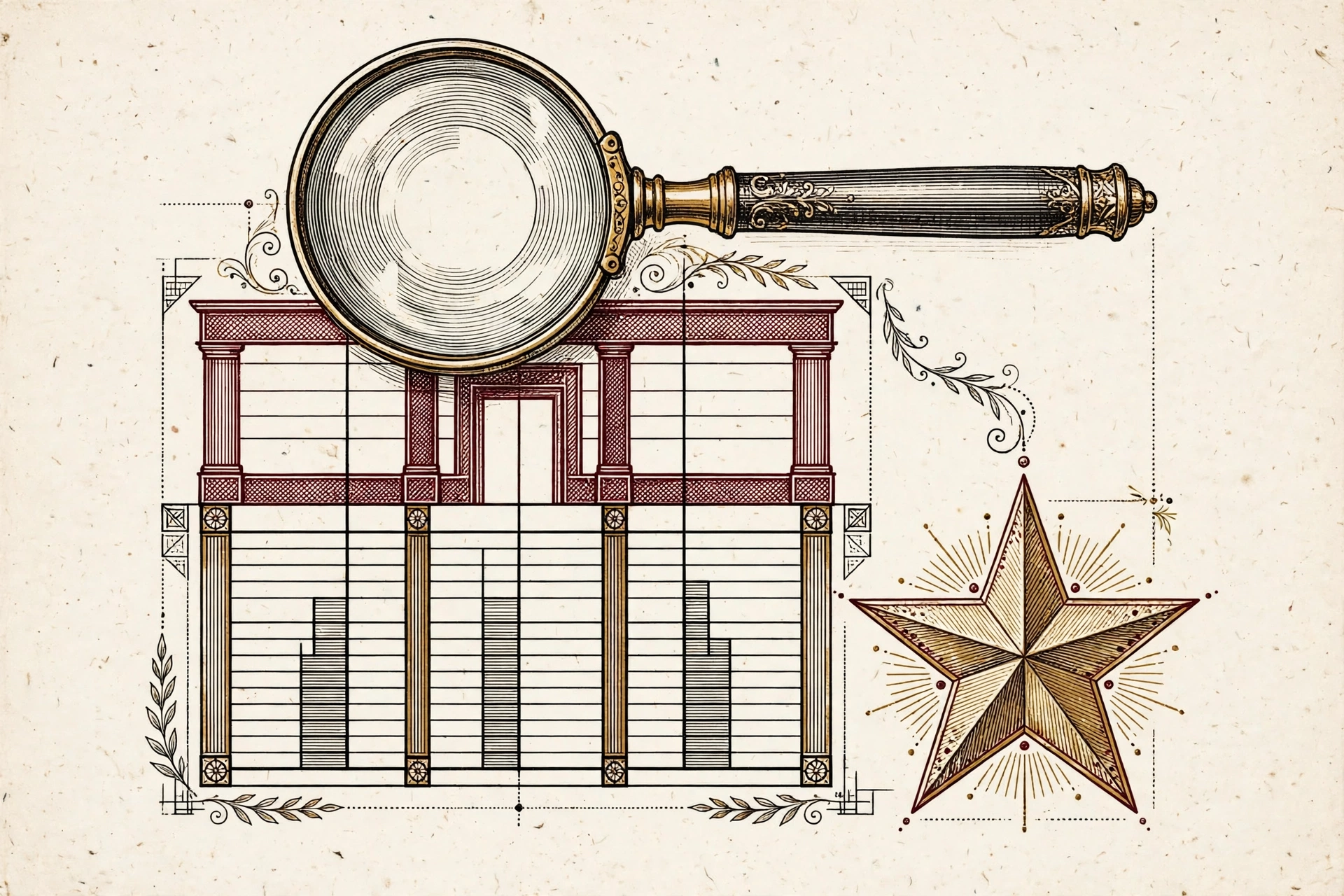 AI Overview answer above commercial search results, shown as a magnifying glass over a comparison chart with a review star