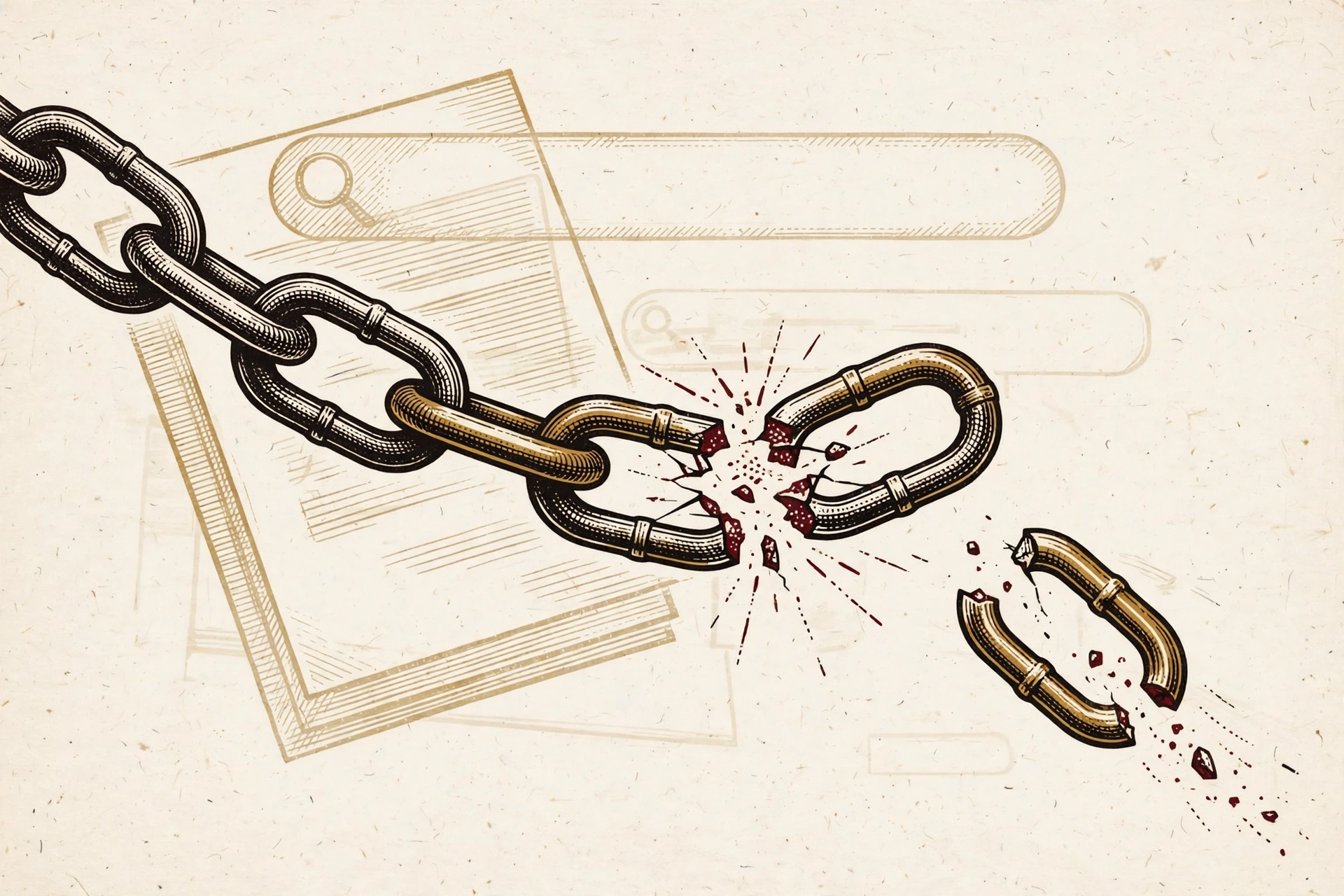 Broken brass chain links over faint search interface shapes