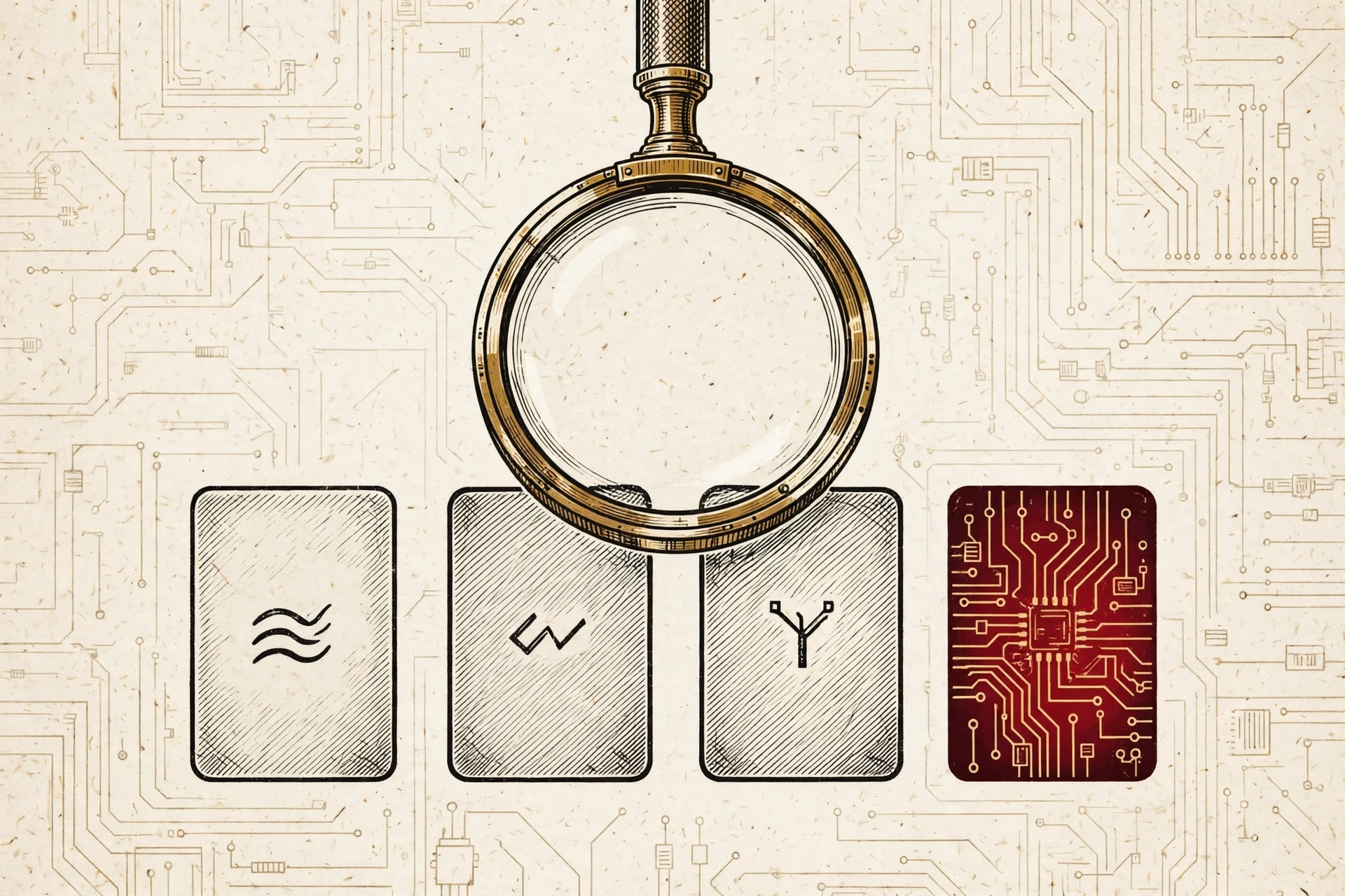 Brass magnifying glass examining four AI answer cards, one glowing oxblood.