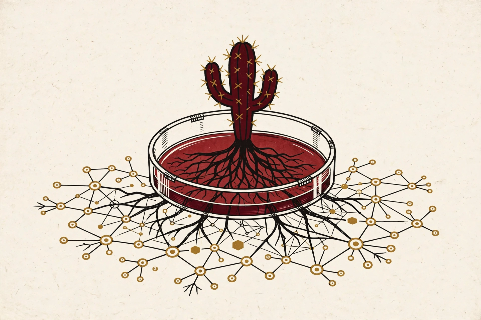 Oxblood cactus growing from a network of connected citation nodes