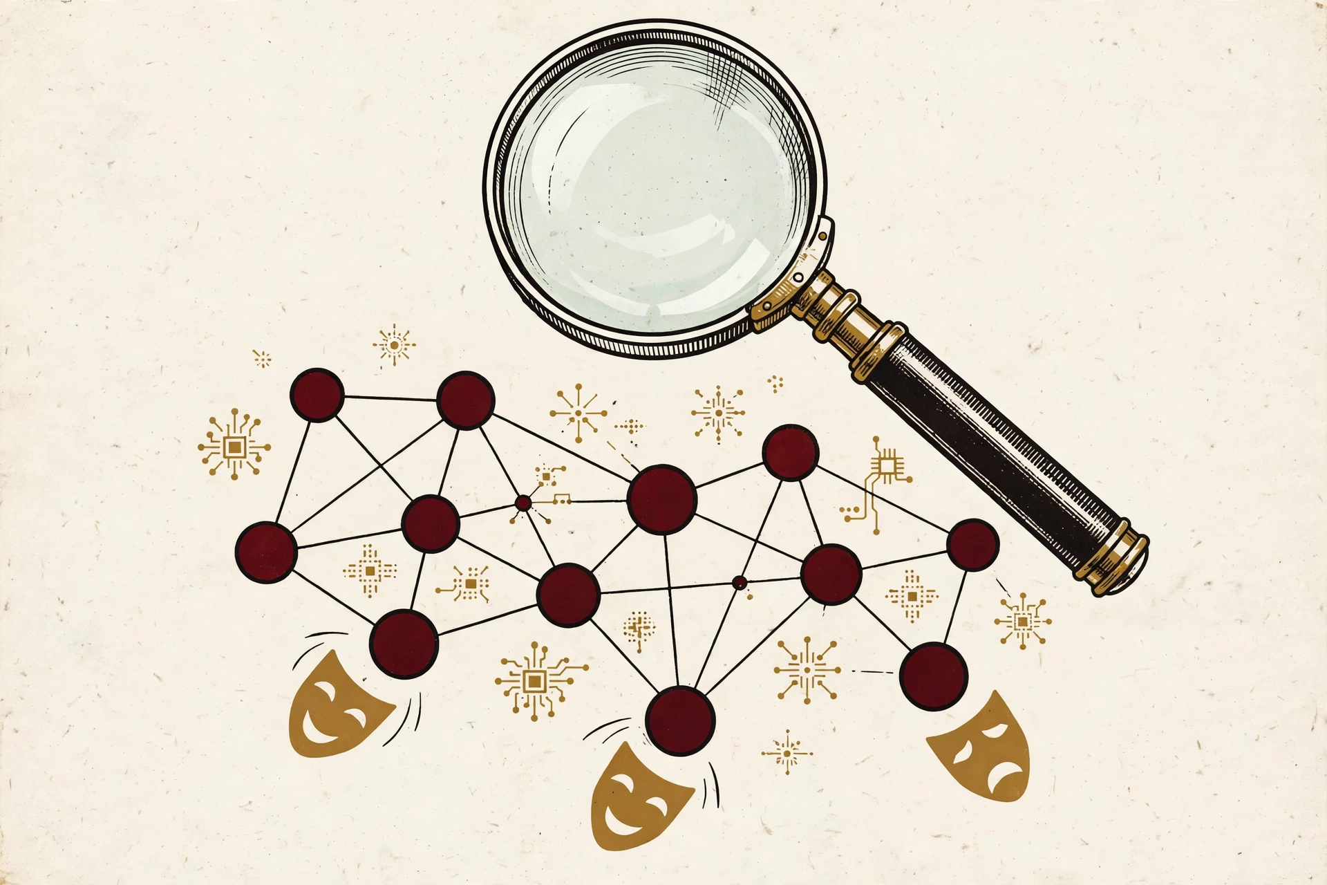 Magnifying glass inspecting a network of citation nodes and masks