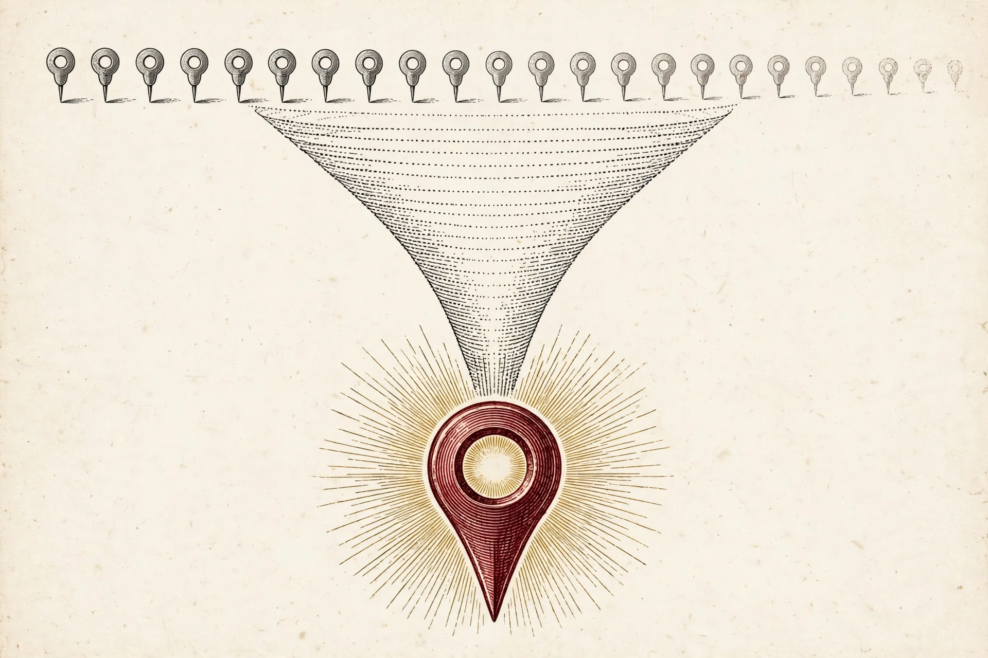 Map pins narrowing to a single AI recommendation