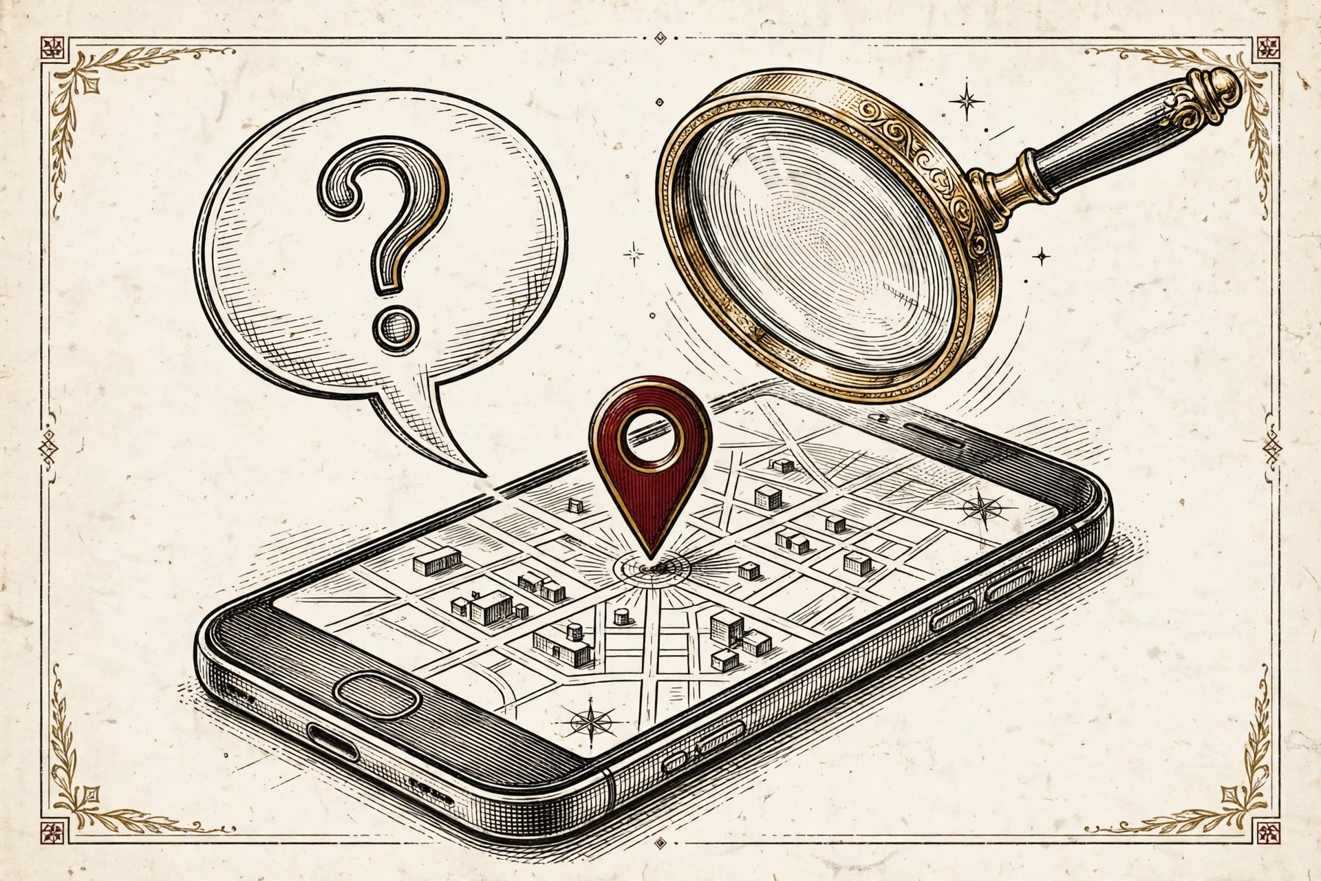 Phone showing a Google Maps question bubble beside a magnifying glass.