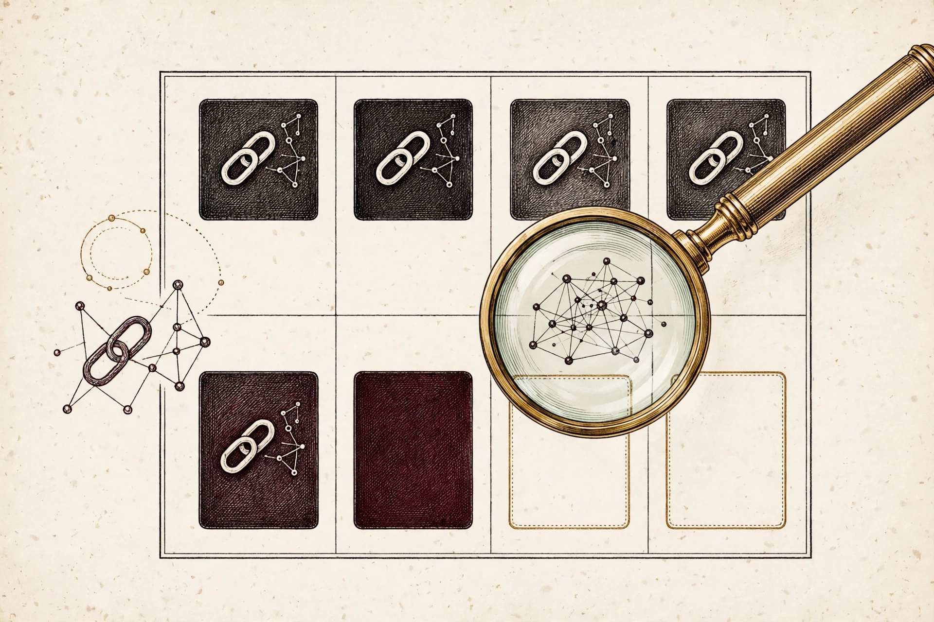 Ox-blood editorial illustration of Bing AI query opportunities and cited sources.