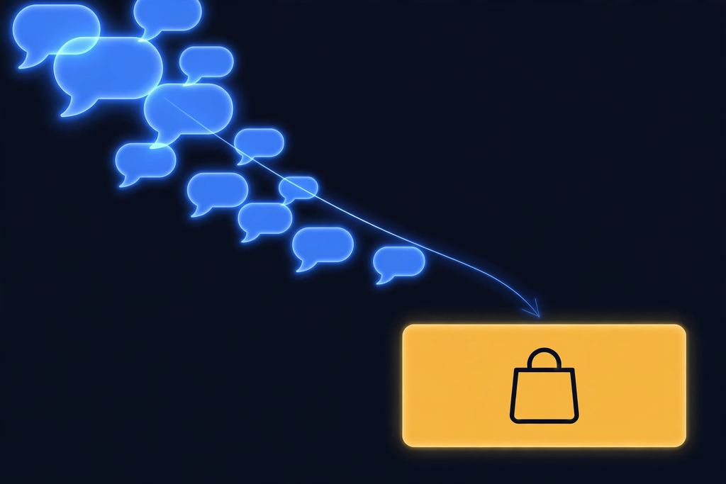 ChatGPT conversation bubbles leading to a shopping bag