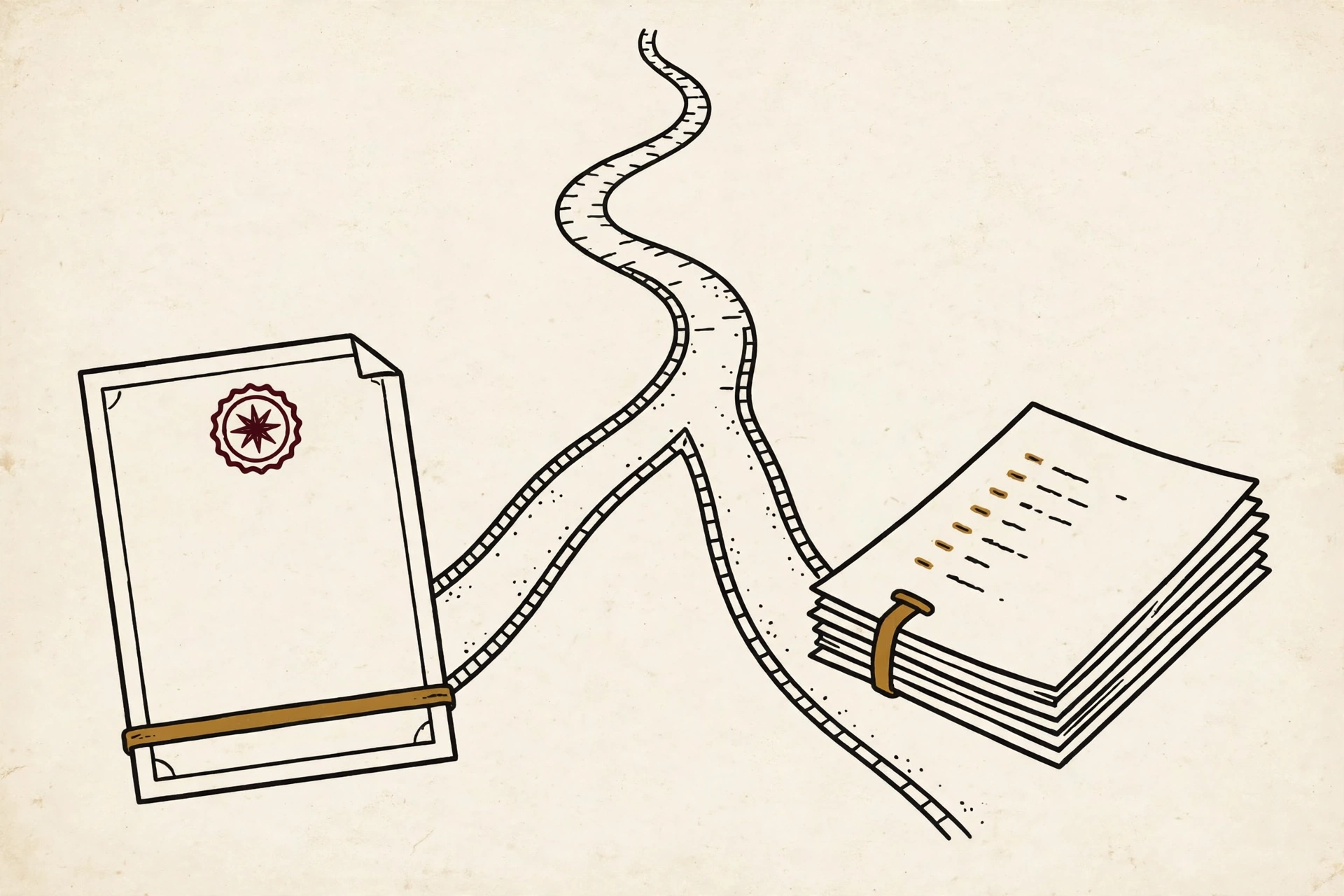A path forking toward an official page document on one side and a stack of list pages on the other