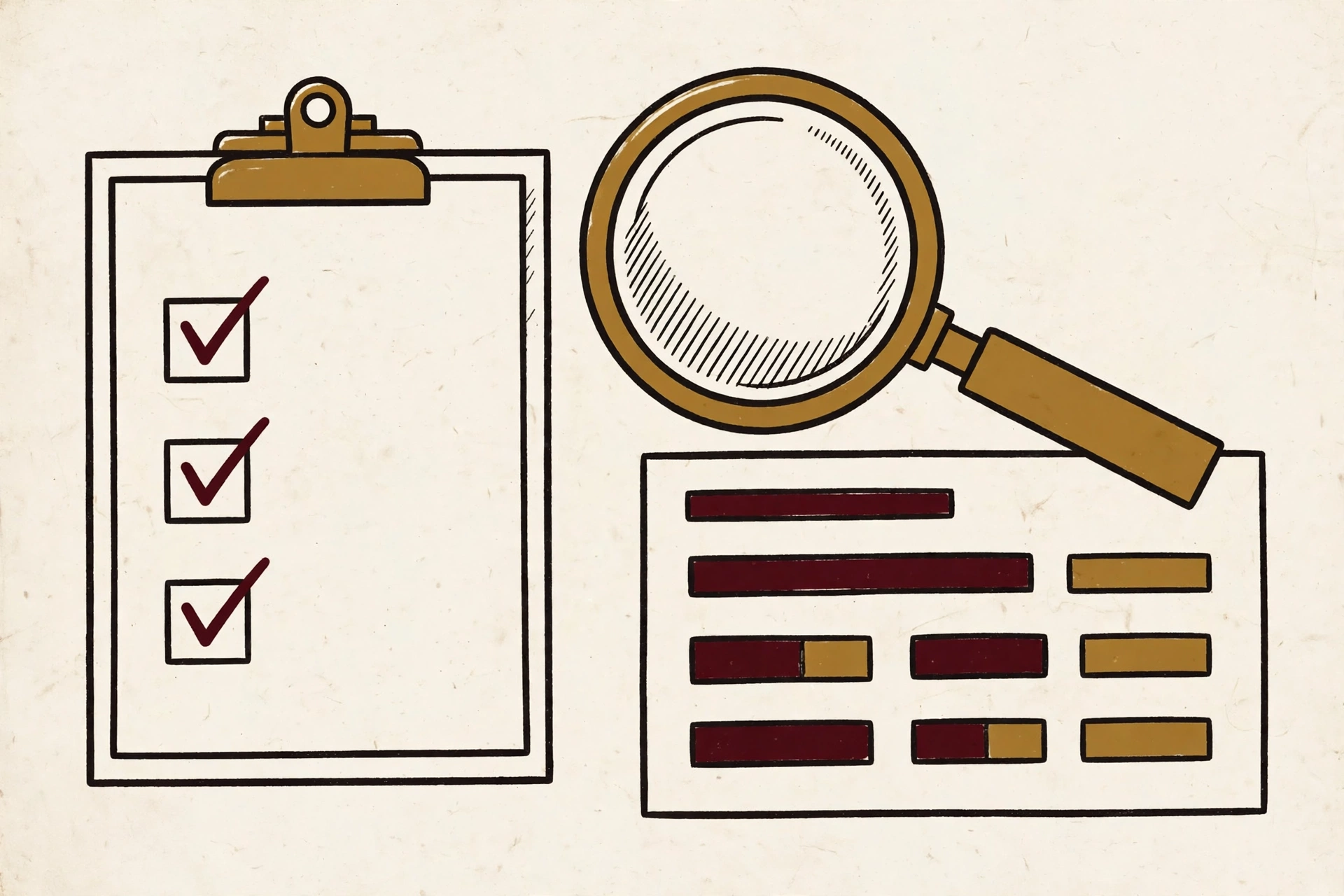 A checklist clipboard and magnifying glass inspecting a web page.