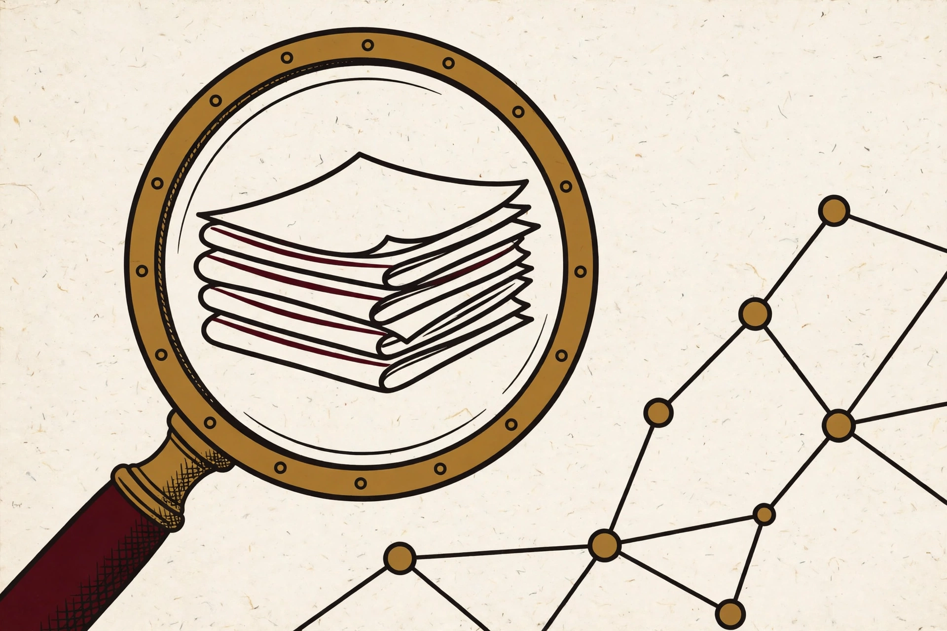 Magnifying glass revealing a stack of hidden web pages beside a network of linked nodes.