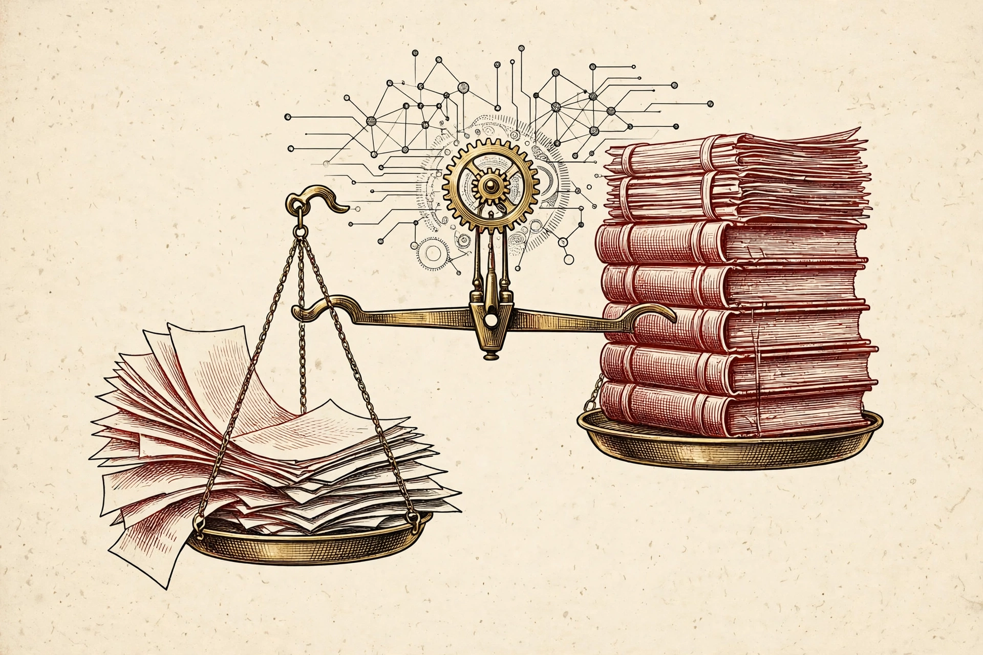 Illustration of a balance scale tipping from article pages to bound documentation manuals under a gear, representing how a model change flipped ChatGPT citation mixes