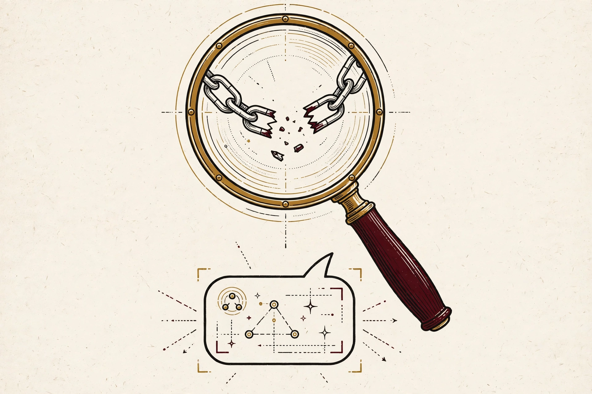 Magnifying glass over a chat bubble with a broken chain link