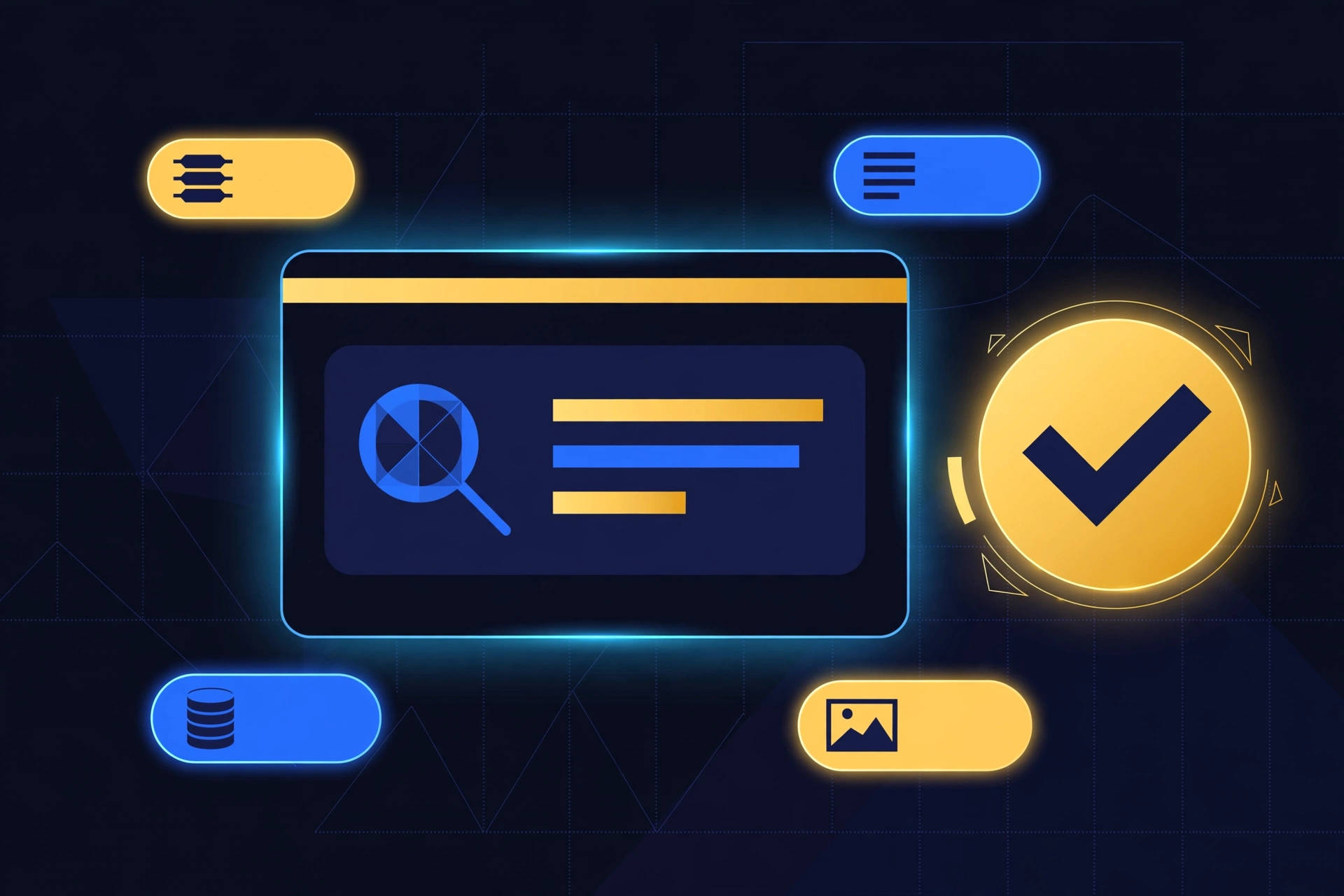 Search result card with metadata tag chips and gold checkmark, dark navy tech illustration