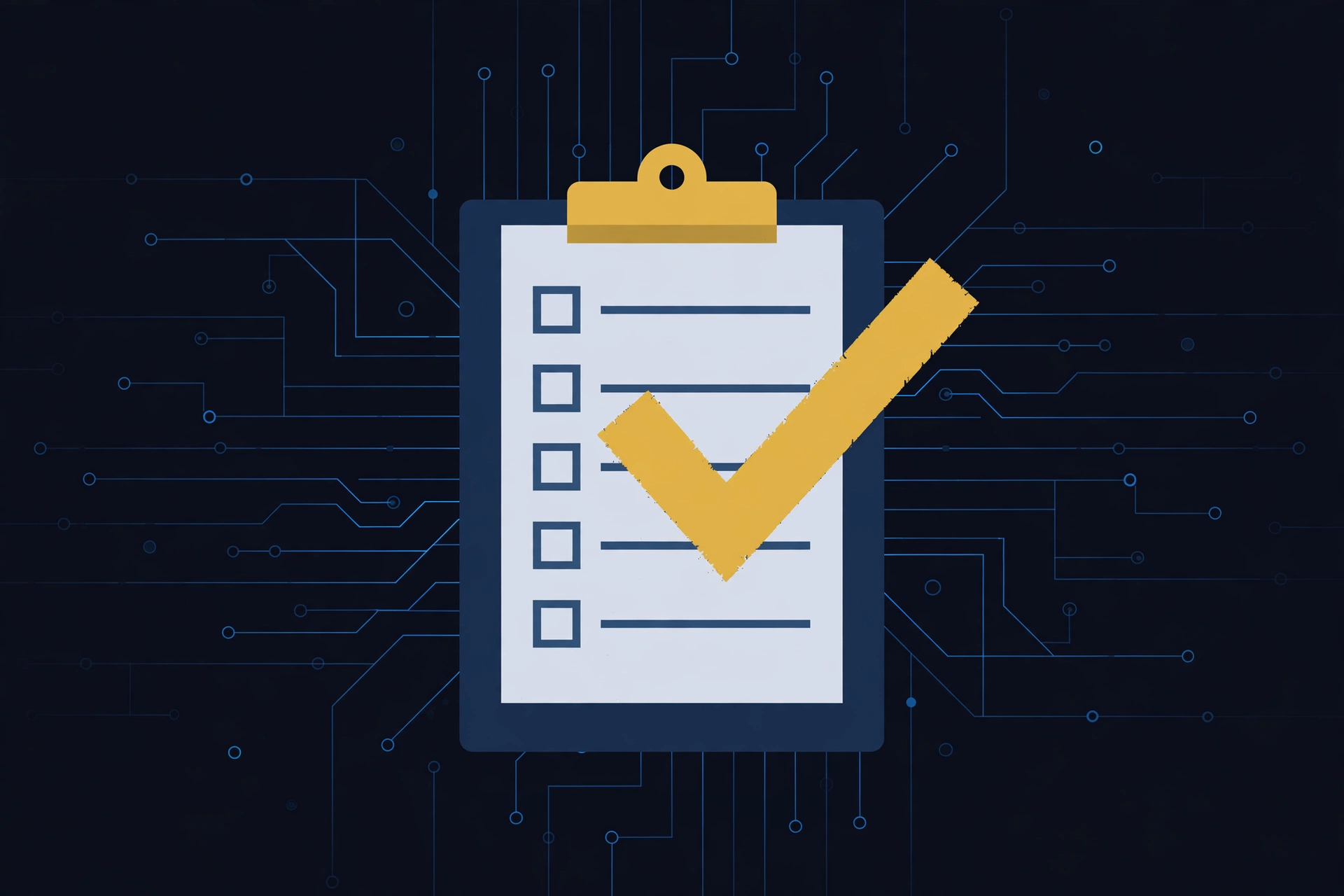 Clipboard checklist with gold checkmark on dark navy tech background