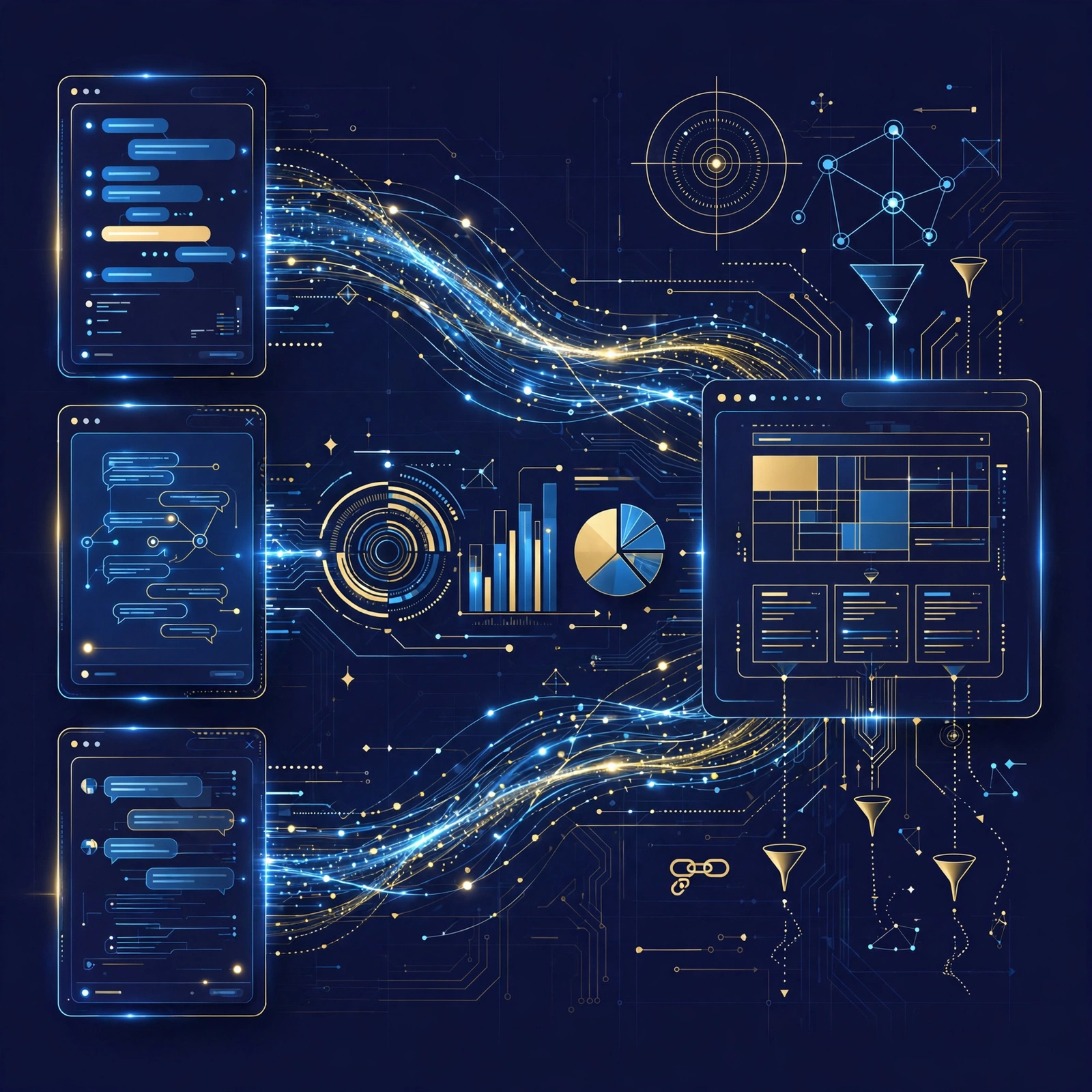 Dark navy illustration of analytics dashboards and referral links flowing from AI assistant apps into a website, gold and blue accents.