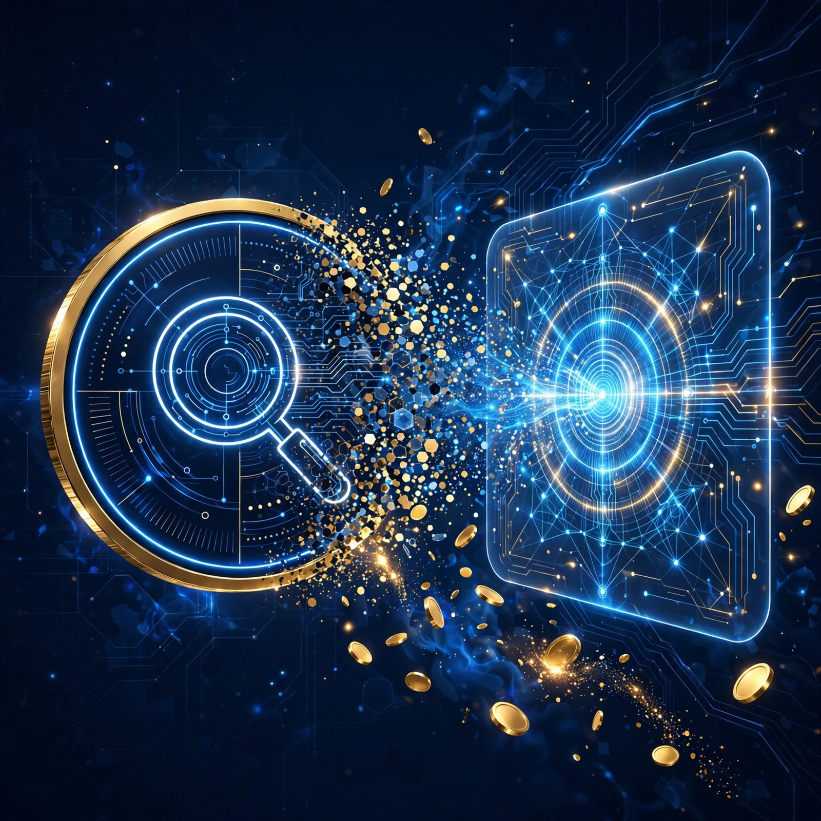 Dark navy illustration of a glowing coin-shaped search result feeding into an AI answer panel, gold and blue accents.