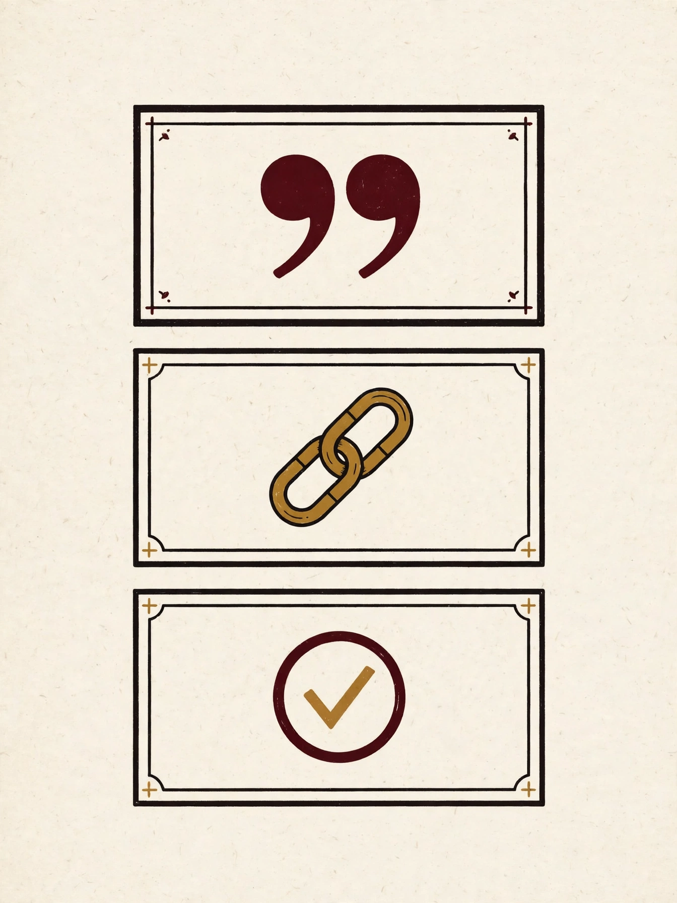 Three cards showing a quote, a link, and a checkmark, illustrating citation, link, or completed task outcomes