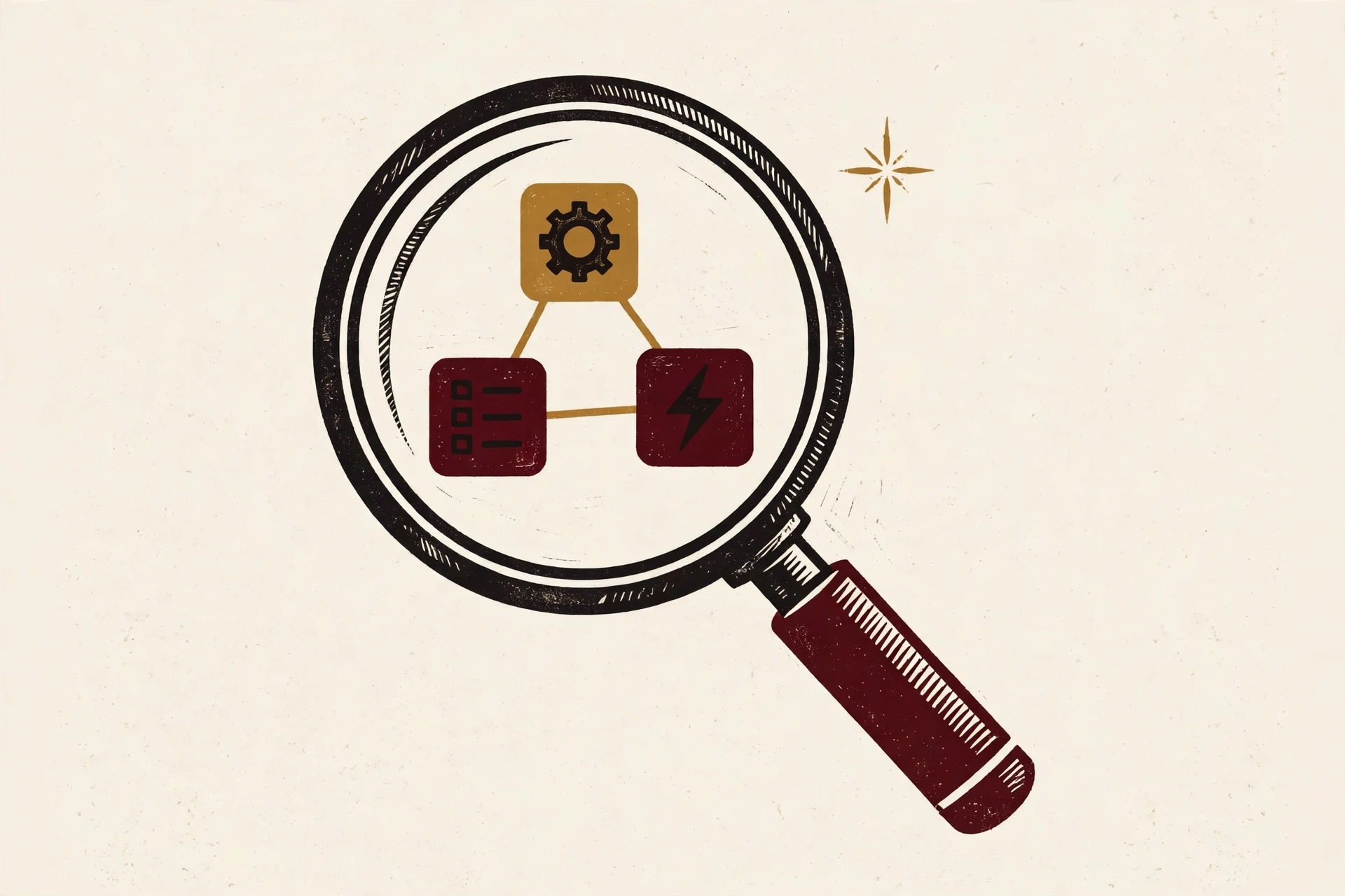 Magnifying glass over connected app tiles, illustrating search that runs tasks