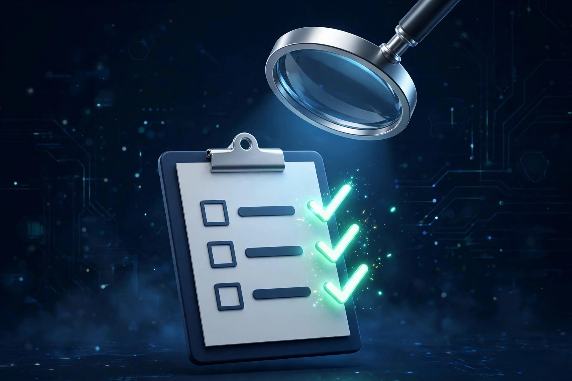 A magnifying glass above a checklist with three checkmarks