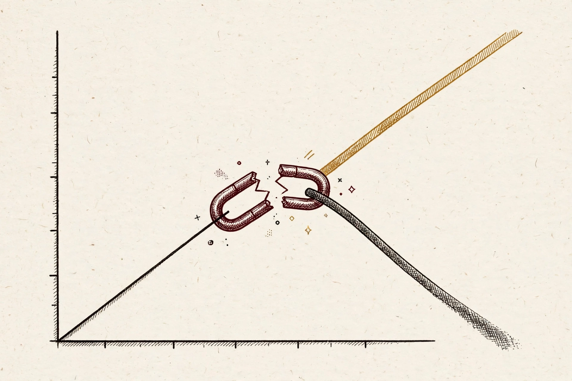 Illustration of two diverging analytics lines split by a broken chain link, representing GA4 attribution breaking under Google's /goto redirect