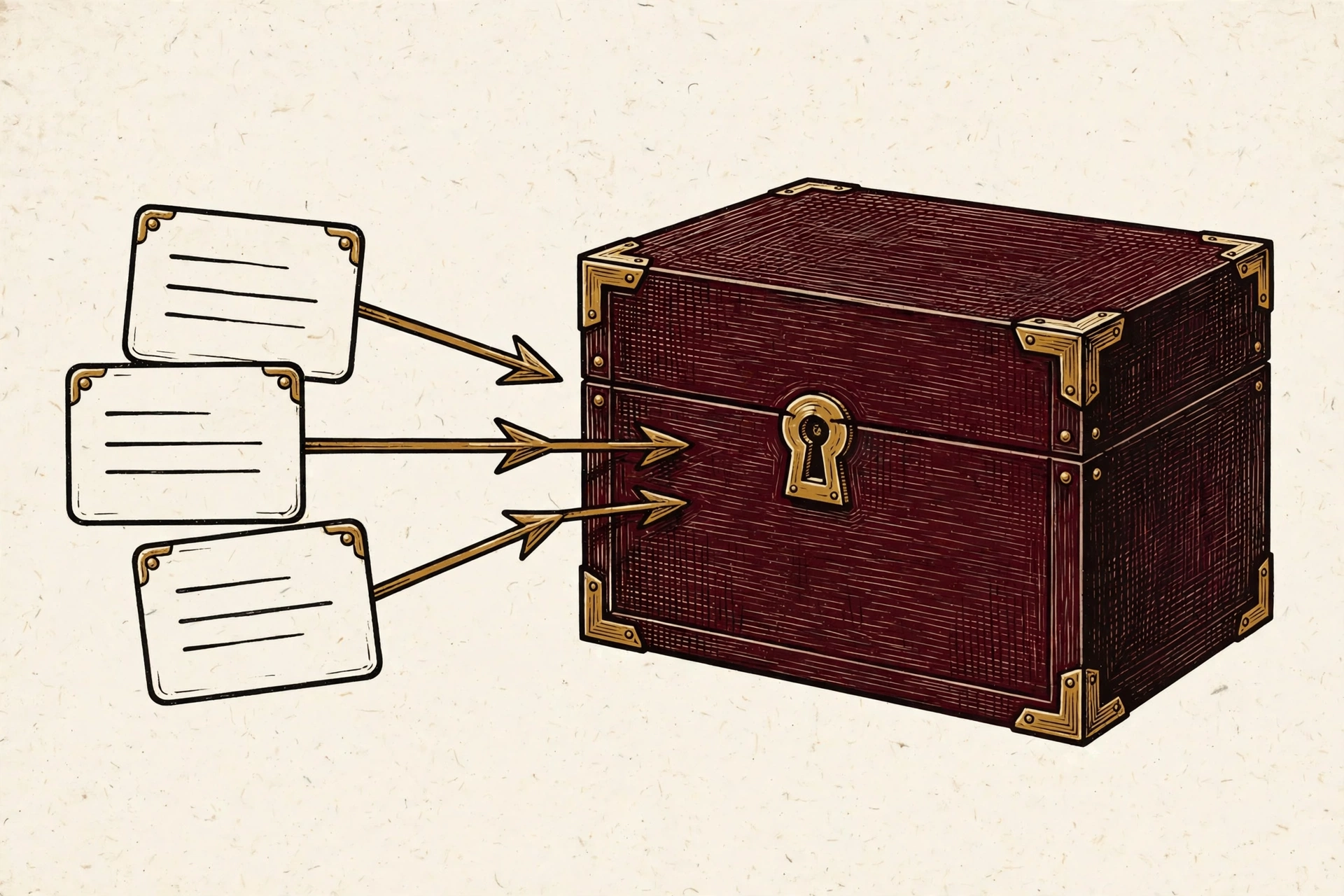 Illustration of search result cards feeding into a locked oxblood box, representing the SERP becoming a black box