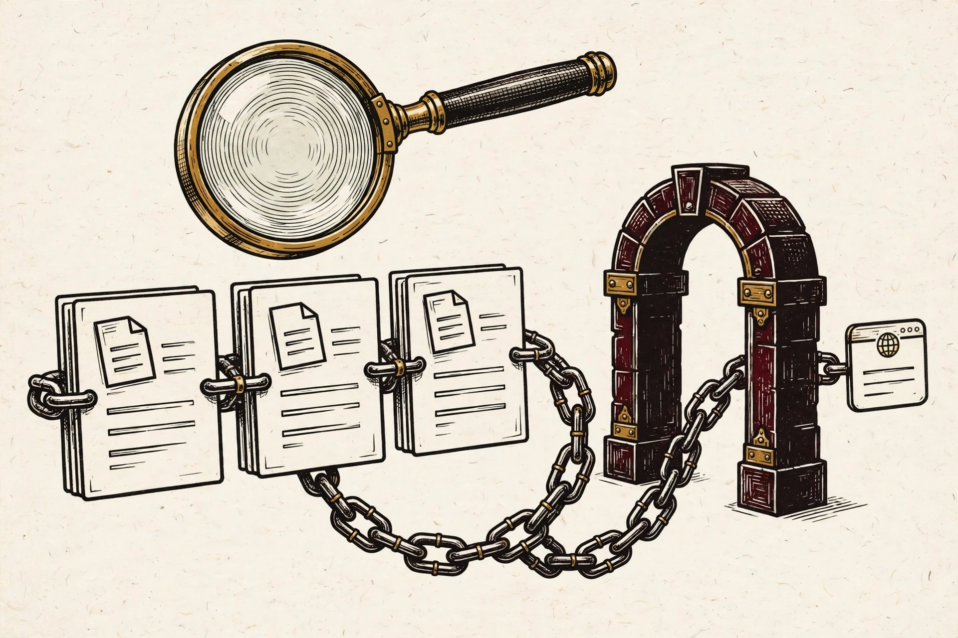Magnifier over chained search-result cards routed through an oxblood gateway