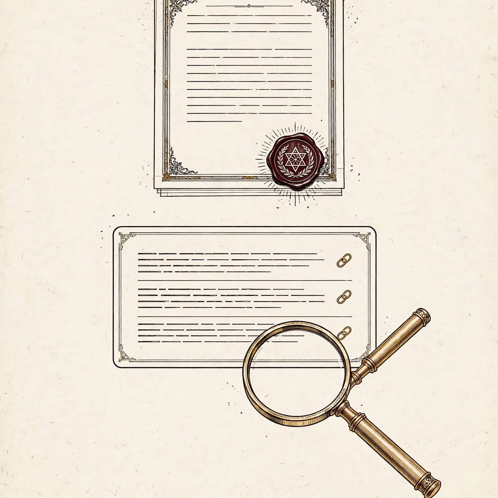 Official sealed document above an AI answer card with a magnifier
