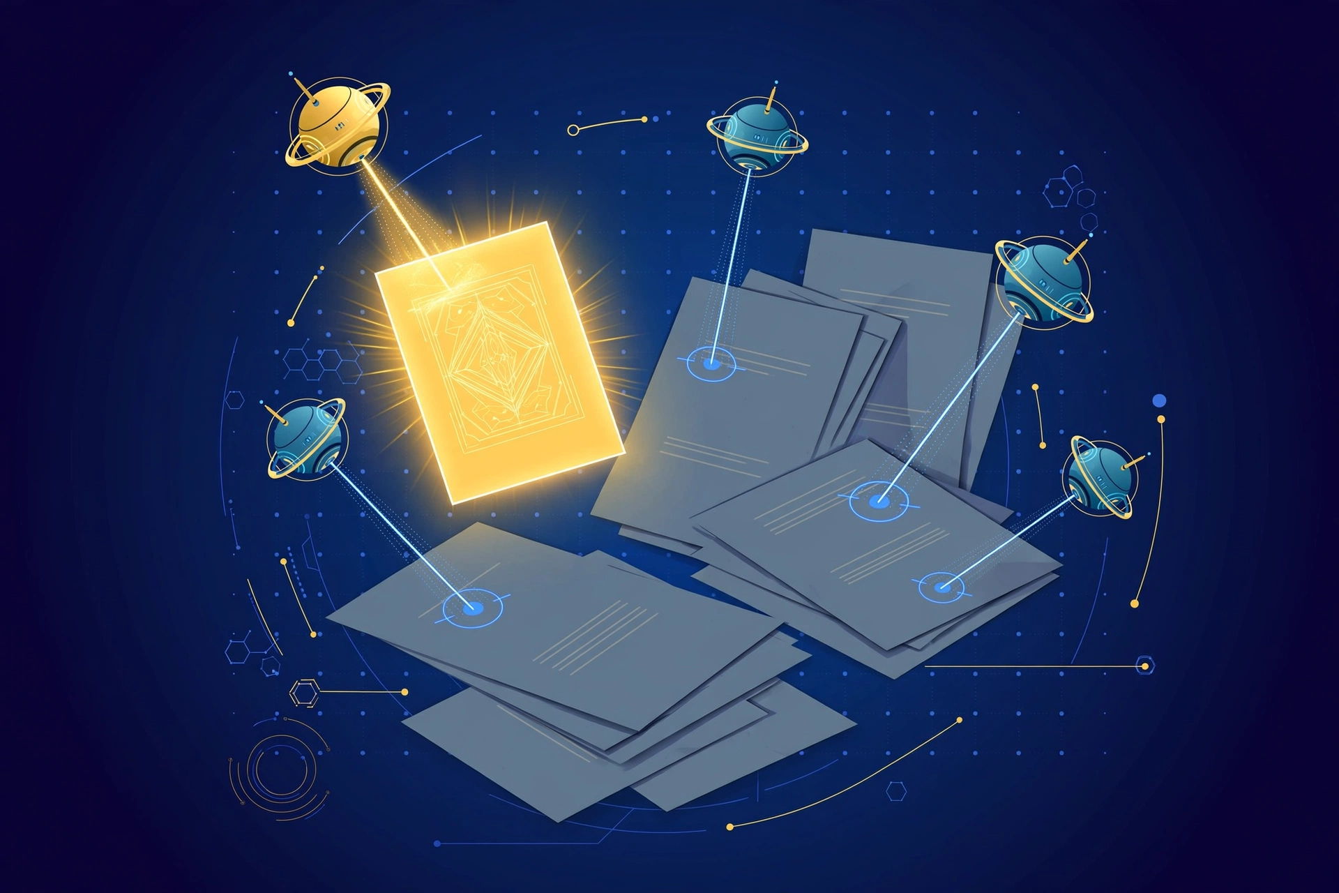 AI detection orbs scanning clusters of duplicate pages while one original high-quality page glows gold