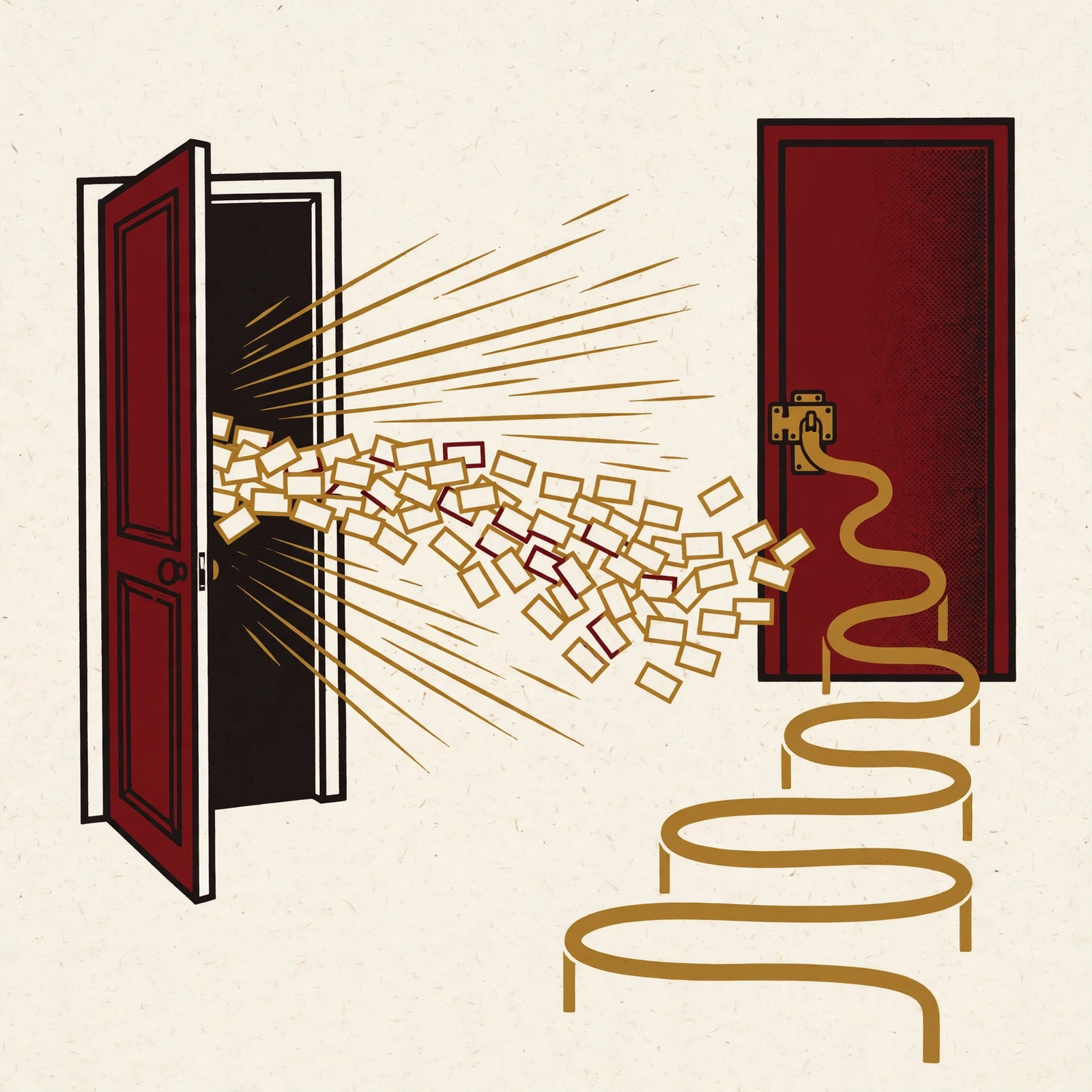 Illustration of an open door streaming paper cards through while a second door stays locked with a long queue line
