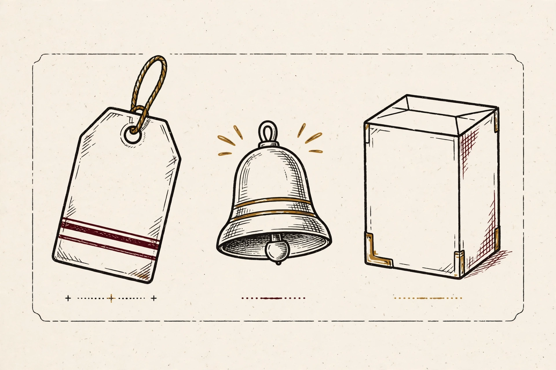 Price tag, alert bell, and product box