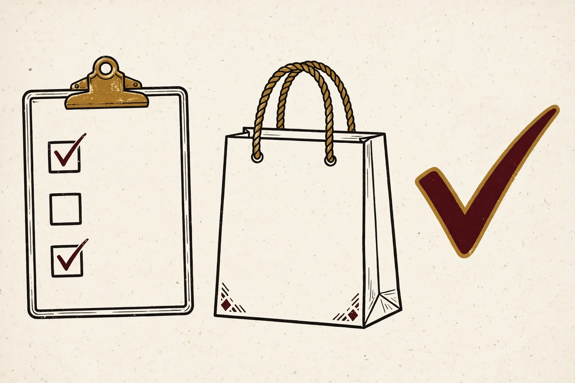 Checklist clipboard, shopping bag, and checkmark