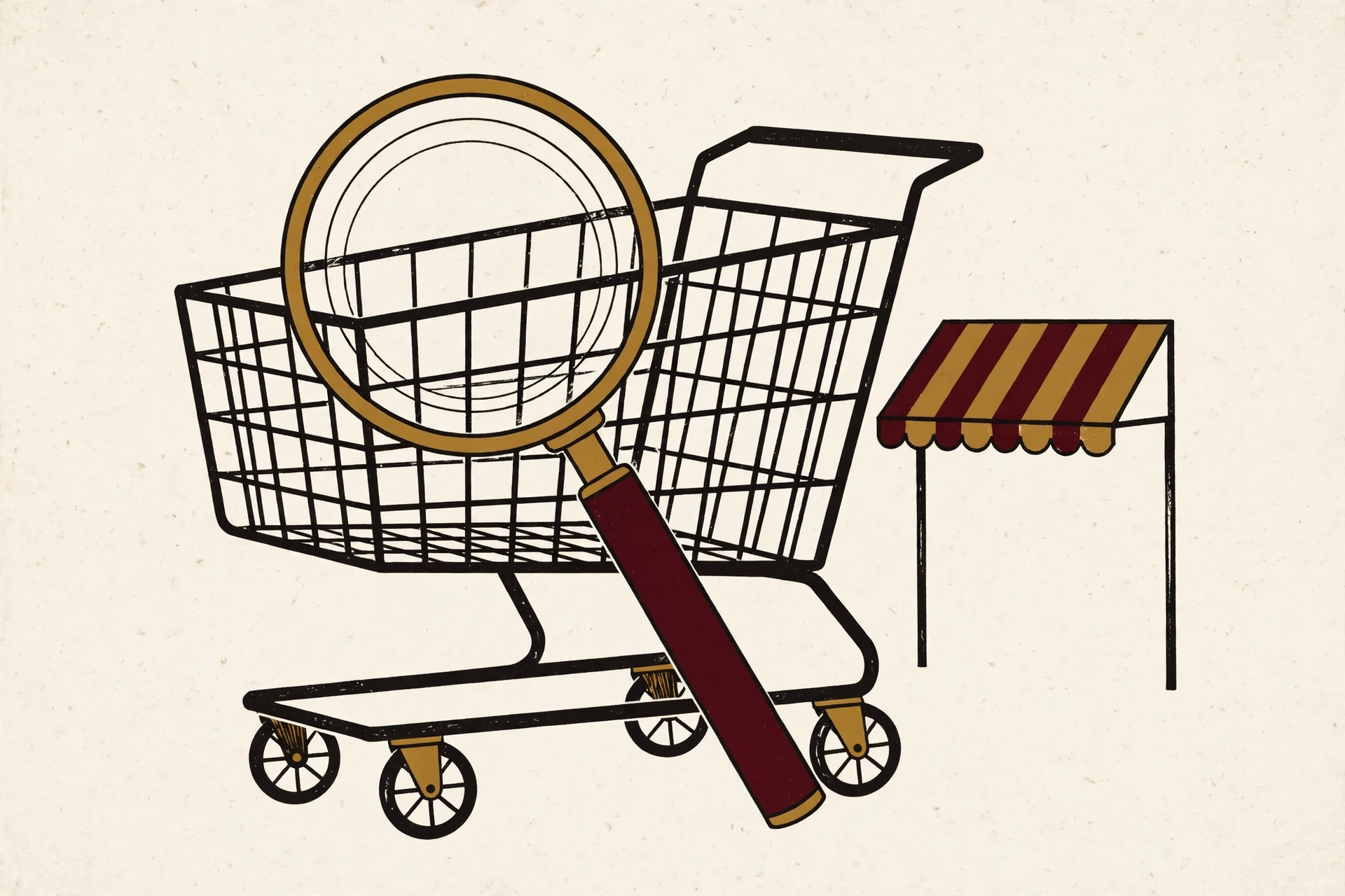 Shopping cart with a magnifying glass beside a storefront awning