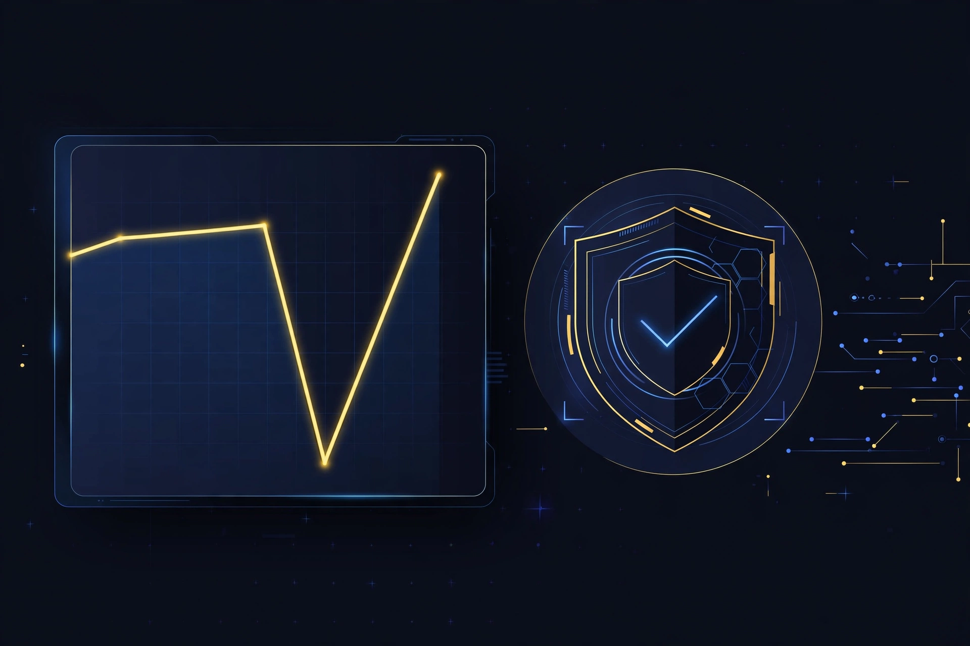 dashboard chart with cliff drop and rebound plus verification shield