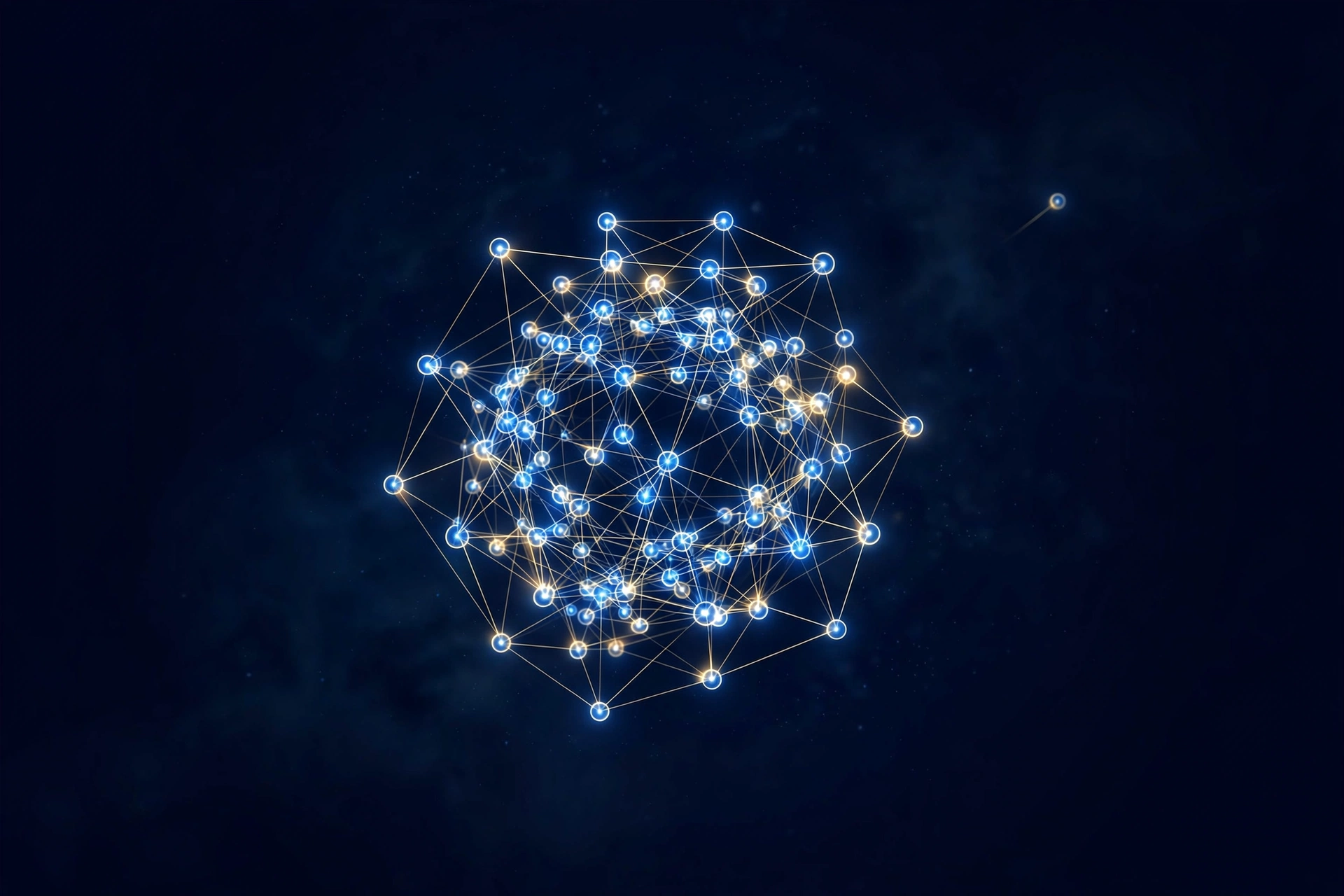 A dense cluster of blue and gold nodes connected across a dark background, illustrating semantic similarity and topical authority.