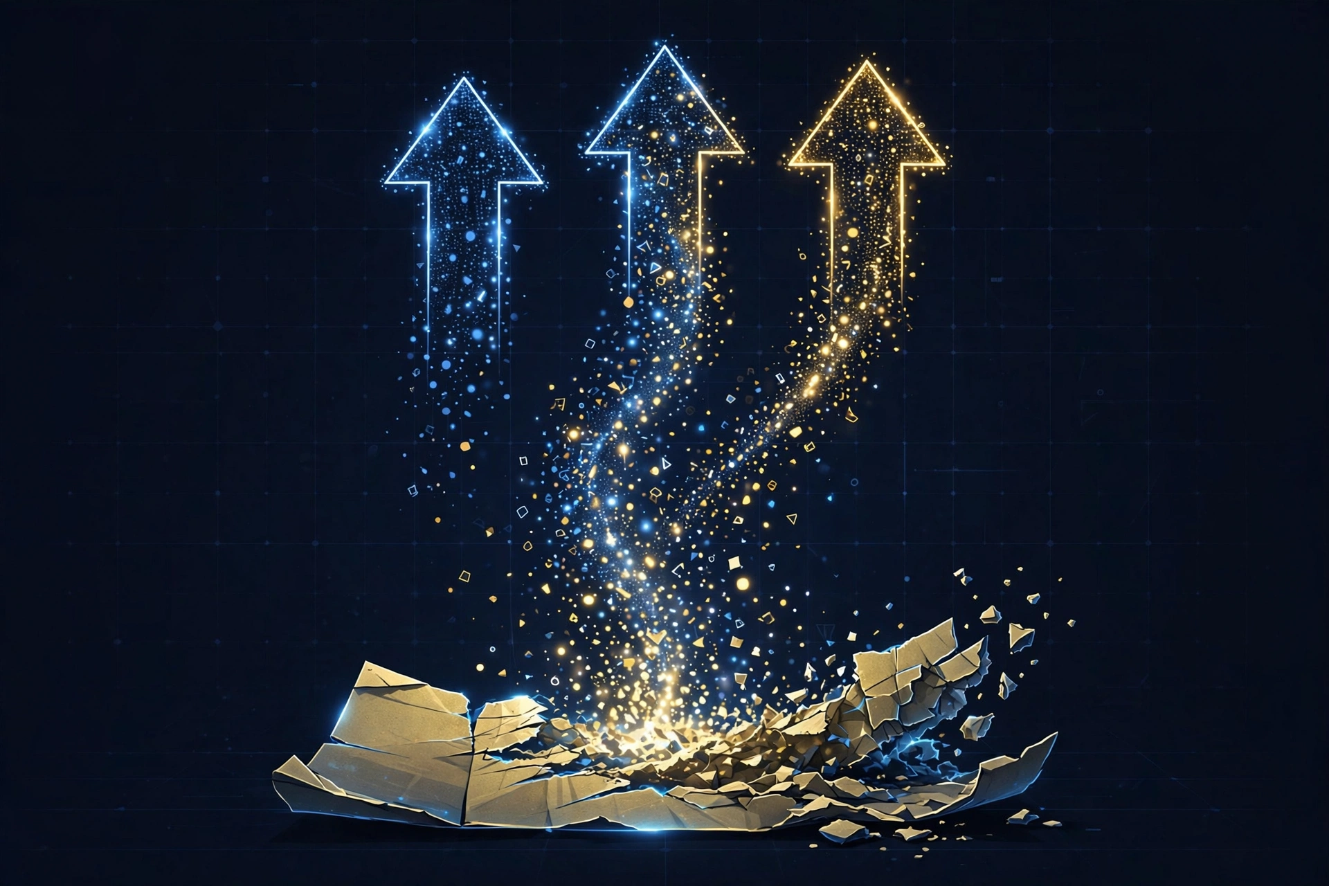 Three glowing arrows rise above a fractured foundation on a dark grid, illustrating changing AI search recommendations.