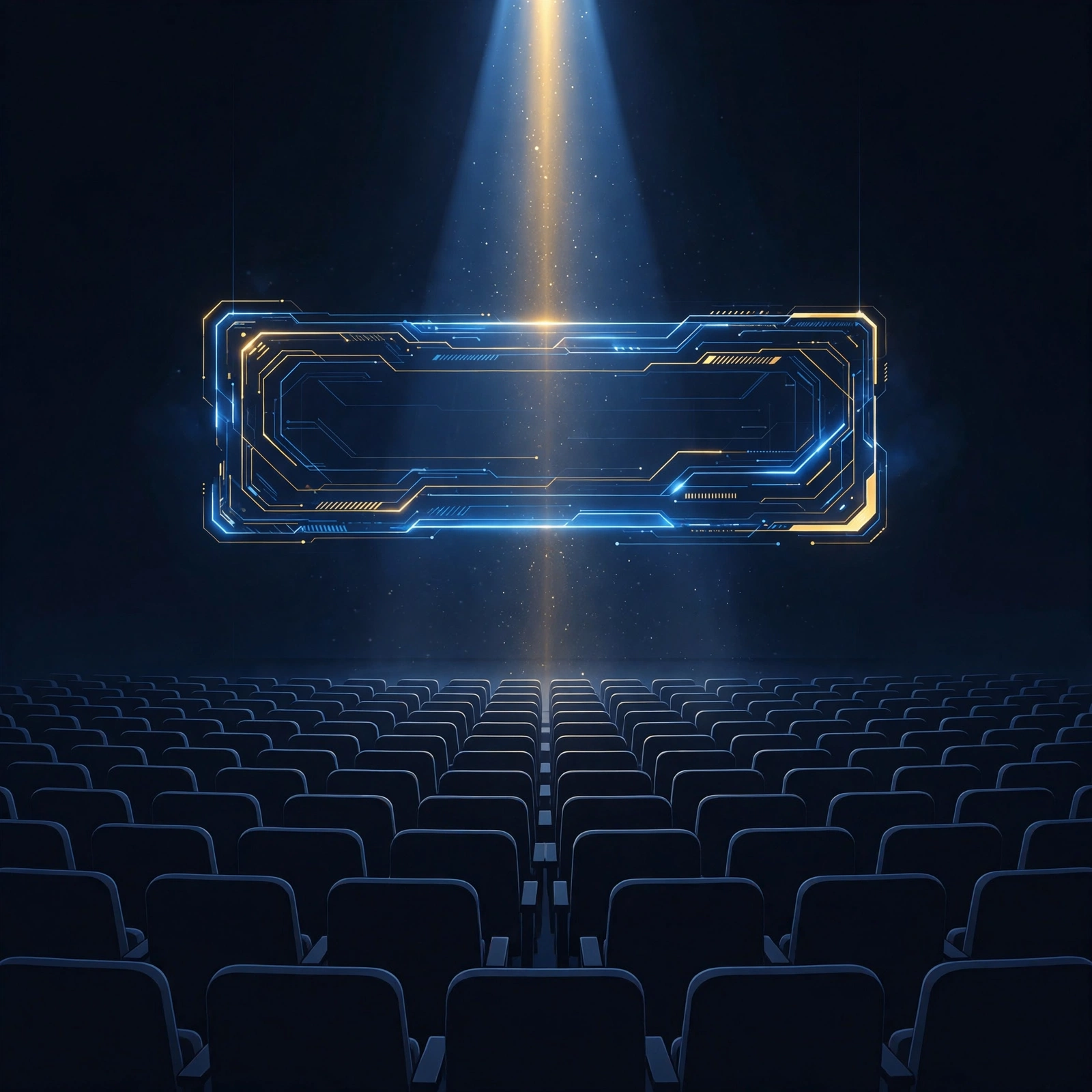 A dark auditorium with a glowing blue-and-gold screen, representing lessons from SEO IRL 2026.