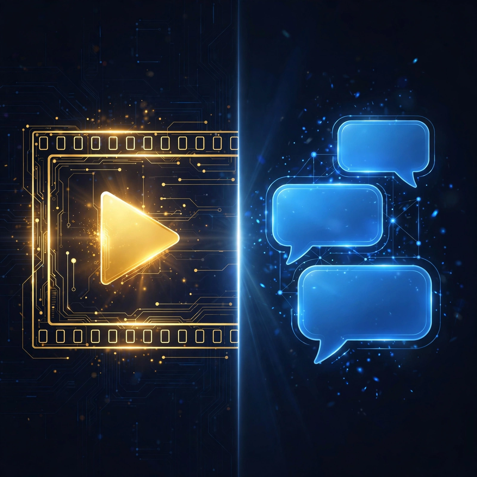 Illustration comparing a YouTube play button with AI answer chat bubbles.