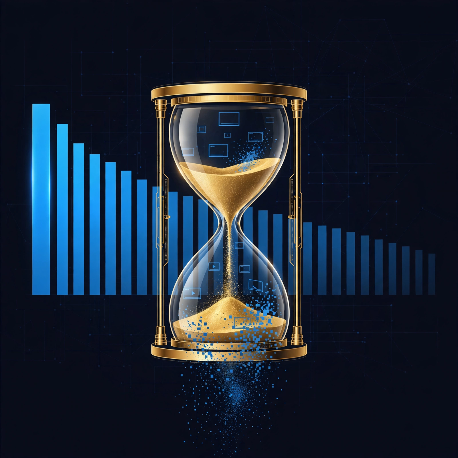 Hourglass above descending bars illustrating video citation rates dropping over time.