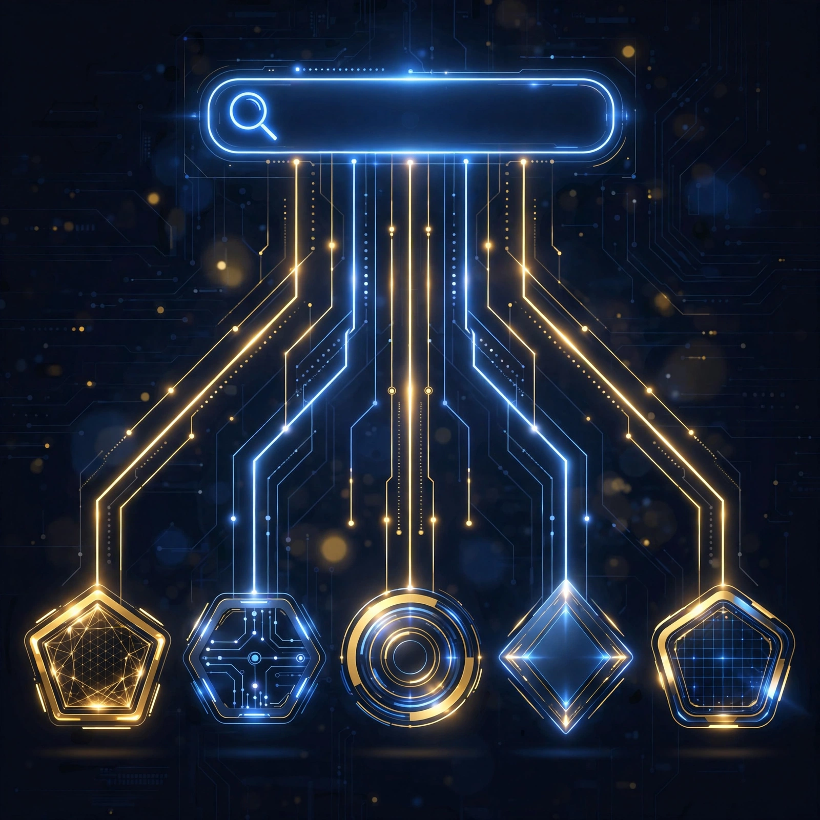 Five AI citation sources connected to a glowing search bar in blue and gold.